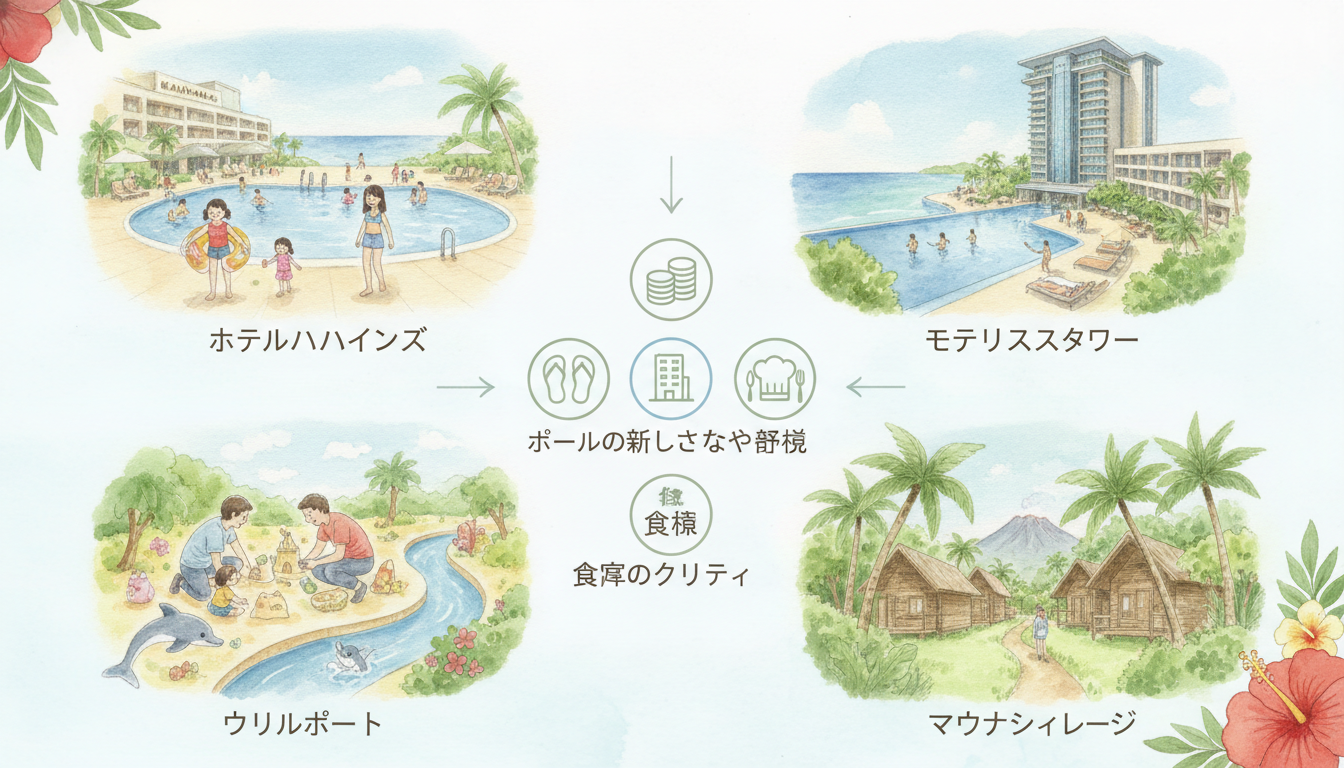 ハワイアンズの4つのホテルの4つの違いを解説!